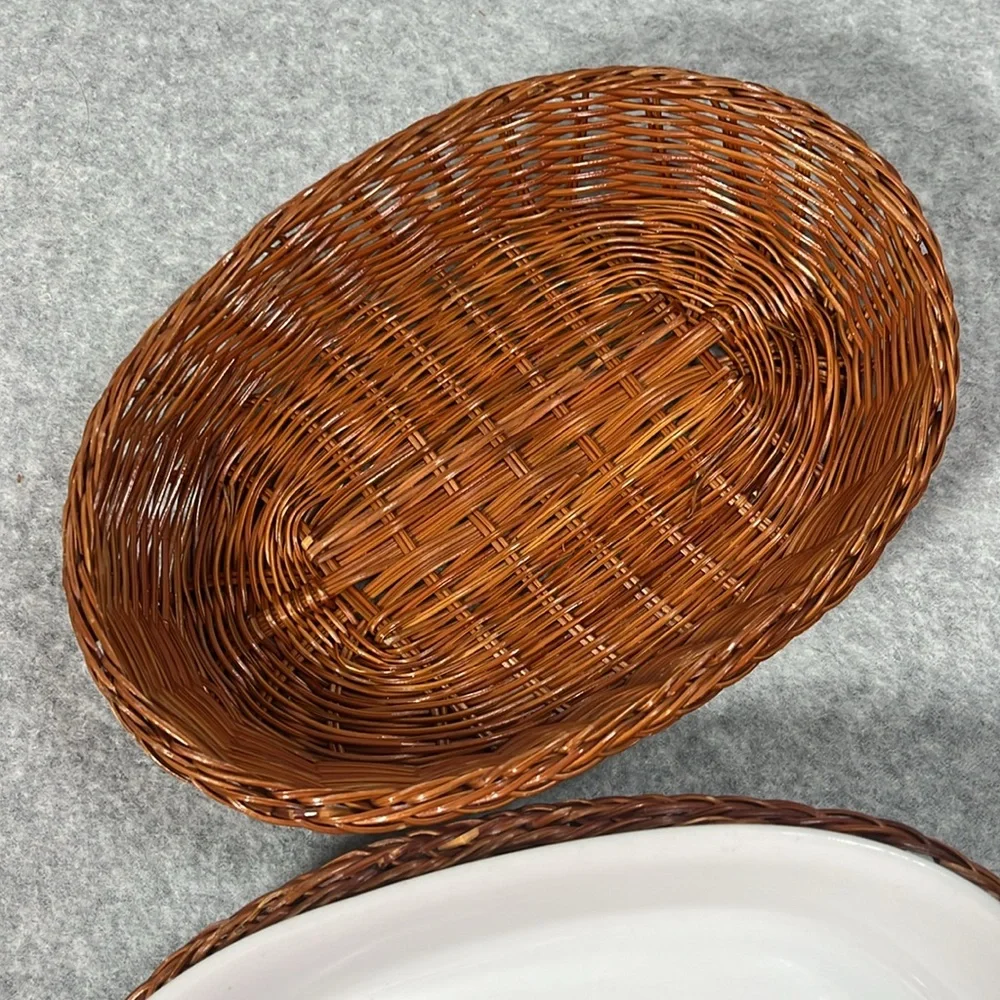 White Pair Ceramic Plate Dish with‎ Wicker Ovenware Single Serve 8”x5”
